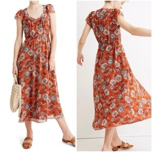 Madewell Size 8 Sheer Sleeve Button Front Midi Dress Gathered Blooms Orange